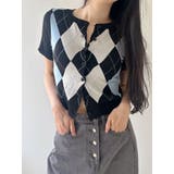 ブラック | アーガイル柄半袖カーディガンニット クロップド丈 アウター半袖 | VIVID LADY