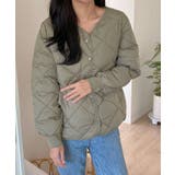 カーキ | ゆとりのあるサイズのキルティングジャンパー レディース ノーカラーアウター | VIVID LADY