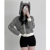 耳付きフード ボーダー ダブルジップショートパーカー | VIVID LADY | 詳細画像8 