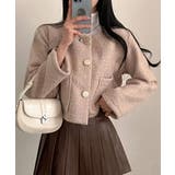 ベージュ | ゴールドボタン クロップドボアジャケット | VIVID LADY