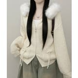 アイボリー | ファー付きフード ダブルジップニットカーディガン | VIVID LADY