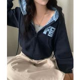 ネイビー | チェック フードジップアップパーカー | VIVID LADY