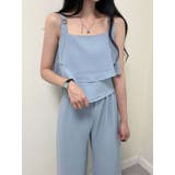 スカイブルー | フリルブラウス+ロングパンツ セット 韓国ファッション | VIVID LADY