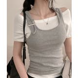 グレー | リブタンクトップ×ボートネック半袖Tシャツ アンサンブル トップス | VIVID LADY