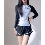 ブラック | バイカラーハーフジップラッシュガード＆ショーツセットアップ | VIVID LADY