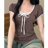 ブラウン | 水玉柄パフスリーブ半袖Tシャツ | VIVID LADY