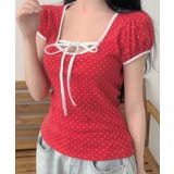 レッド | 水玉柄パフスリーブ半袖Tシャツ | VIVID LADY