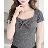 グレー | ドット柄 リボン スクエアネック 半袖Tシャツ トップス | VIVID LADY