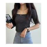 ブラック | ボーダー柄スクエアネック半袖tシャツ レディース 夏 | VIVID LADY
