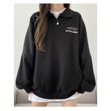 ブラック | 春オーバーフィット襟付きロゴ入りトレーナー 長袖トップス レディース | VIVID LADY