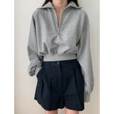 グレー | 襟付きVネッククロップトレーナー長袖 tシャツ ショート丈 | VIVID LADY