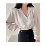 オートミール | 襟付きVネッククロップトレーナー長袖 tシャツ ショート丈 | VIVID LADY