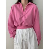 ピンク | 襟付きVネッククロップトレーナー長袖 tシャツ ショート丈 | VIVID LADY