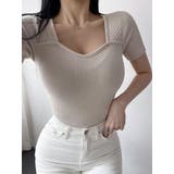 ベージュ | ハートスクエアネックスリムtシャツ半袖 全5色 夏 | VIVID LADY