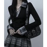 ブラック | レース編みチェック配色シャツカットソー | VIVID LADY