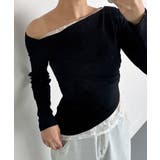 ブラック | レース レイヤード風 オフショルダー Tシャツ 長袖 | VIVID LADY