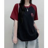 ネイビー | 配色ラグラン半袖Tシャツ レディース 夏 | VIVID LADY