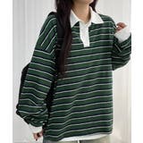 グリーン | 配色襟 ラガーシャツ風 ボーダートップス | VIVID LADY