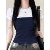 ネイビー | バストラインバイカラー半袖Tシャツ | VIVID LADY