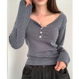 グレー | ボーダー柄Vネックヘンリーネックトップス | VIVID LADY