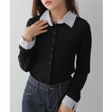 ブラック | フェイクレイヤードシャツ風カーディガン | VIVID LADY