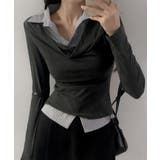 チャコールグレー | シャツレイヤード風 ドレープロンT トップス | VIVID LADY