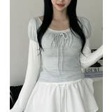 ライトブルー | カットソー×パフスリーブリブ ドッキングトップス | VIVID LADY