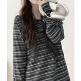 チャコールグレー | マルチボーダーオフショルダー ロングTシャツ | VIVID LADY