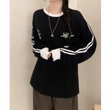 ブラック | 配色ライン オーバーサイズ ロングTシャツ | VIVID LADY