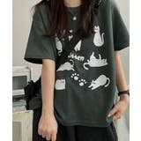 グリーン | キャットグラフィック ルーズTシャツ | VIVID LADY