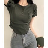 カーキ | スナップボタン スリムフィット半袖Tシャツ | VIVID LADY