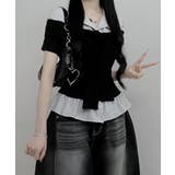 ストライプシャツドッキング オフショルダー風 半袖トップス | VIVID LADY | 詳細画像2