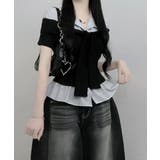 ブラック | ストライプシャツドッキング オフショルダー風 半袖トップス | VIVID LADY