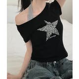 ブラック | レオパードスタープリントワンショルダー半袖Tシャツ | VIVID LADY