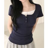 ネイビー | レイヤード風 ヘンリーネック 半袖Tシャツ | VIVID LADY
