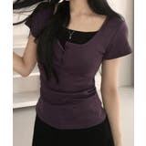 パープル | レイヤード風 ヘンリーネック 半袖Tシャツ | VIVID LADY