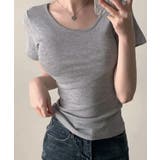 グレー | ベーシック スリムフィット Uネック 半袖Tシャツ | VIVID LADY