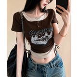 ブラウン | レイヤード風 ドロスト クロップド 半袖Tシャツ | VIVID LADY