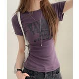 パープル | 英字プリント スリムフィット 半袖Tシャツ | VIVID LADY