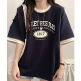 ネイビー | バイカラー カレッジロゴ オーバーTシャツ | VIVID LADY