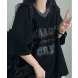 ブラック | カレッジロゴ Vネック オーバーサイズ 半袖Tシャツ | VIVID LADY