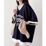 カレッジロゴ 配色Vネック オーバーサイズ 半袖トップス | VIVID LADY | 詳細画像18