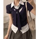 ネイビー | タイ付き レイヤード風 シャツドッキング半袖トップス | VIVID LADY