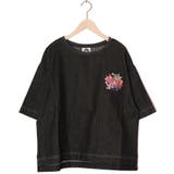 ブラック | ぷりぷりキノコとネコ花刺繍 デニムTシャツ | ScoLar