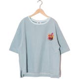 サックス | ぷりぷりキノコとネコ花刺繍 デニムTシャツ | ScoLar