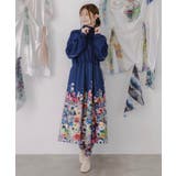 ネイビー | 花柄に隠れ黒ネコ柄 ハーフジップジャージワンピース | ScoLar