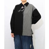 ブラック | ネコの横顔刺繍 ストライプ切替シャツ | ScoLar