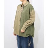 カーキ | ネコの横顔刺繍 ストライプ切替シャツ | ScoLar