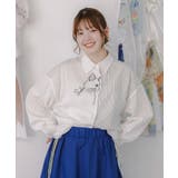 オフホワイト | ネコの横顔刺繍 ストライプ切替シャツ | ScoLar