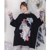 ブラック | コラージュ柄 レース貼り付け裏毛チュニック | ScoLar